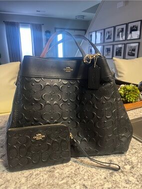 Coach Black Embossed Leather Tote with Gold Hardware and Wristlet